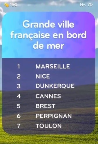 solution top 7 niveau 70 - grande ville française en bord de mer ? -  android & iphone